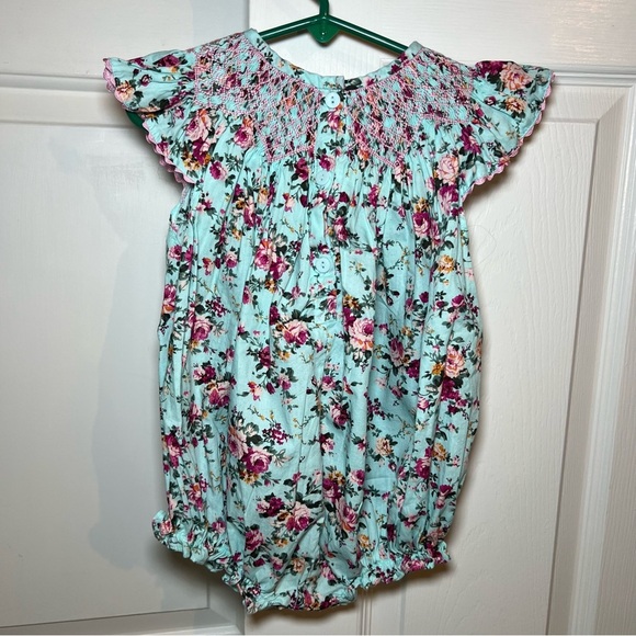 Smocked Polkadot Little Girls Size 2 One Piece Floral Bubble Outfit - Picture 3 of 6